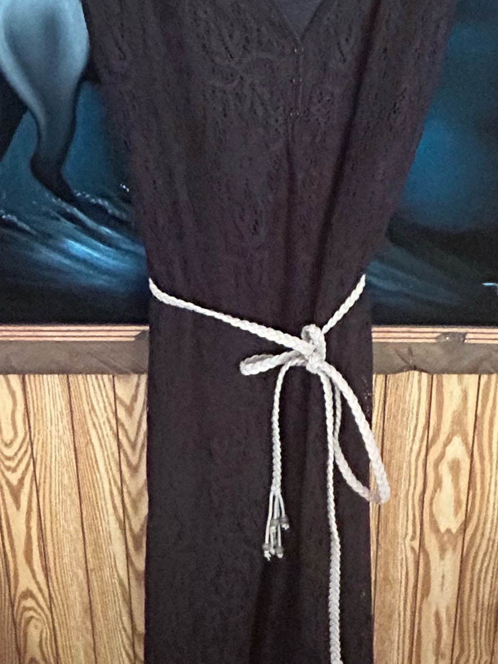 Women’s Black Knit Maxi Dress with Decorative Rope Belt